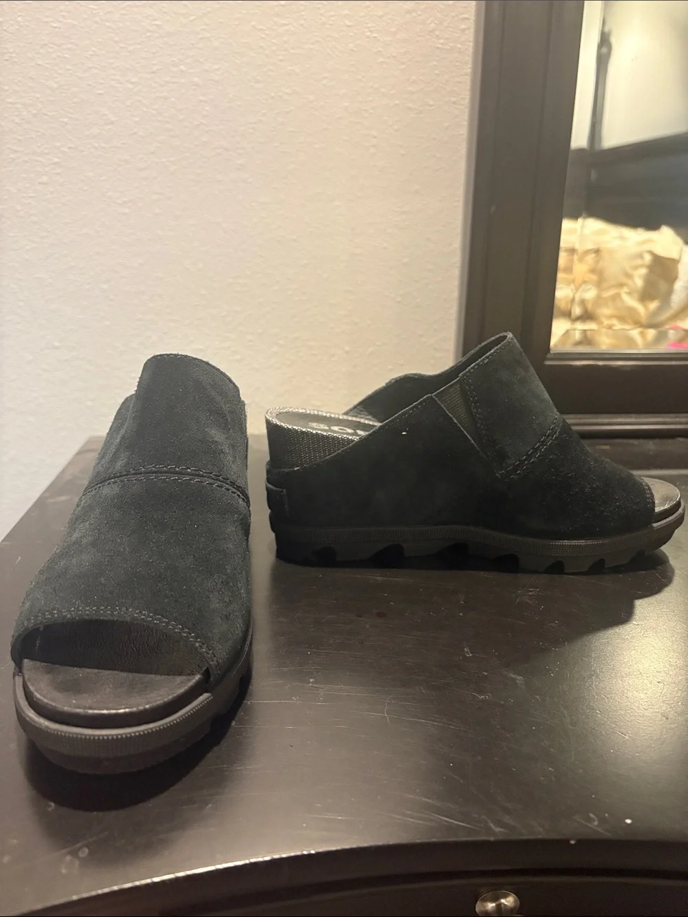 Sorel Black Suede Open-Toe Slip-On Wedge Sandals